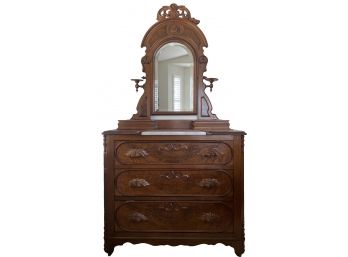 Burled Walnut Acorn Hand Carved  Handled Gentlemans Chest With Marble Insert And Beveled Mirror