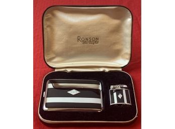 Ronson Black And Silver Metal Cigarette Holder & Lighter In Original Case