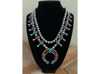Sterling Silver With Turquoise And Coral One And Half Strand Squash Blossom