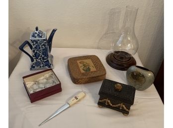 Interesting Collection Of Vases, Wood Storage Box, Chintz Blue Tea Pot, Metal Vase, Prisms & Advertising