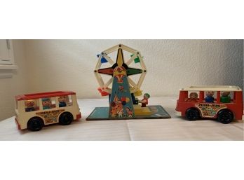 Fisher Price Ferris Wheel (works)  & (2) Fisher Price Mini Bus With (3) People Each