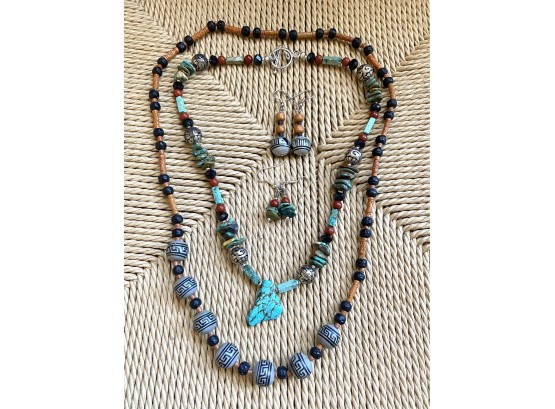 Great Collection Of Two Collar Necklaces With Turquoise And Clay Beads With Matching Necklaces