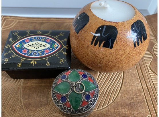 Pair Of Two Mororccan/middle Eastern Trinket Boxes With Painted Elephant Candle From Kenya