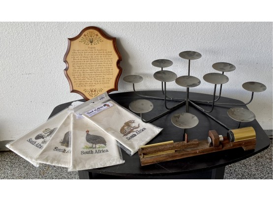 Collection Of Home Decor Including Candelabra And South African Tea Towels