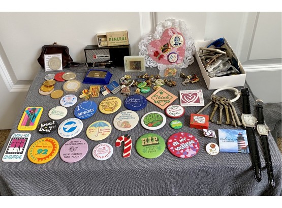 Collection Of Pin-backs Coins Keychains And More