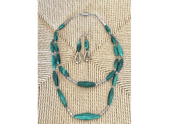 Beautiful Double Stranded Malachite And Silver Fluted Bead Necklace With Matching Drop Earrings (DRC)