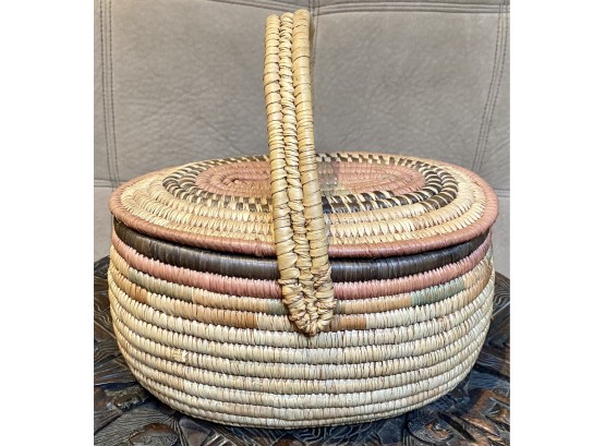 Beautiful Hand Woven Market Basket With Handle And Lid From Lagos Nigeria