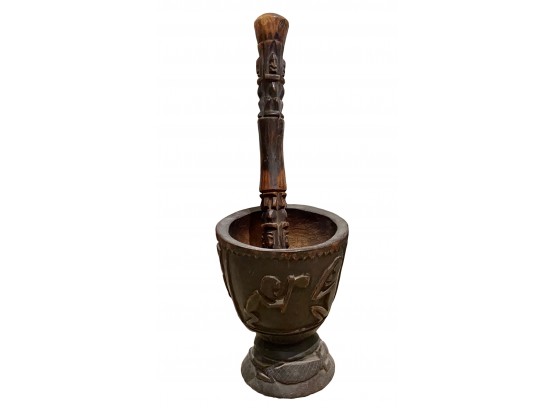 Large Ornate Wooden Mortar And Pestle From Mali