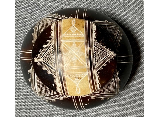 Hand Carved Etched Soapstone Round Box With Lid From Burkina Faso