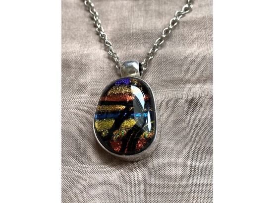 Gorgeous Sterling Silver Dichroic Glass Pendant Necklace On Sterling Chain