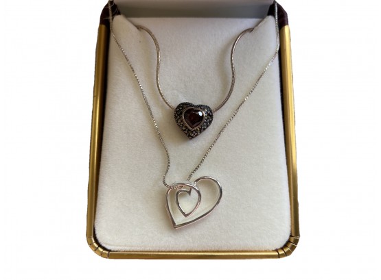 Pair Of Two Sterling Silver Heart Necklaces Including One Heart With Friendship Quote Engraving
