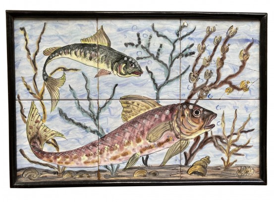 Beautiful Tunisian Hand Painted Framed Tiles Portraying Fish In The Sea