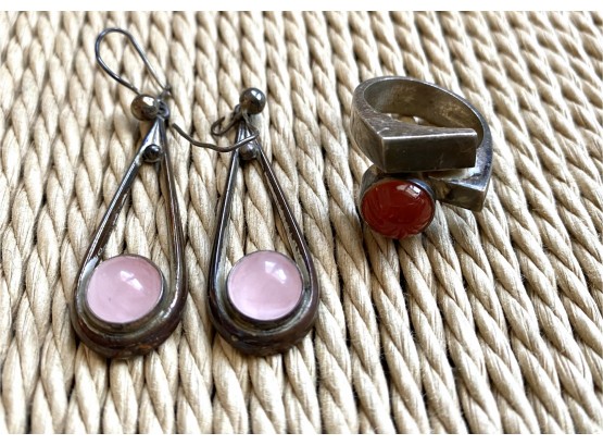 Pair Of Sterling Silver And Pink Agate Drop Earrings Signed From And Heavy Sterling Ring