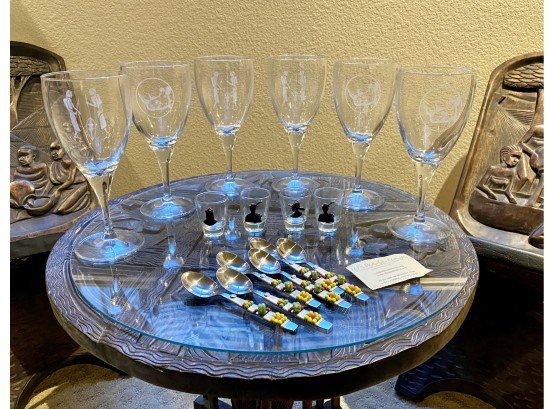 Collection Of Wine Glasses, Shot Glasses From South Africa And 6 Demitasse Spoons From Kenya