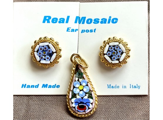 Gorgeous Set Of Italian Micromosaic Jewelry Including Earrings And Matching Pendant