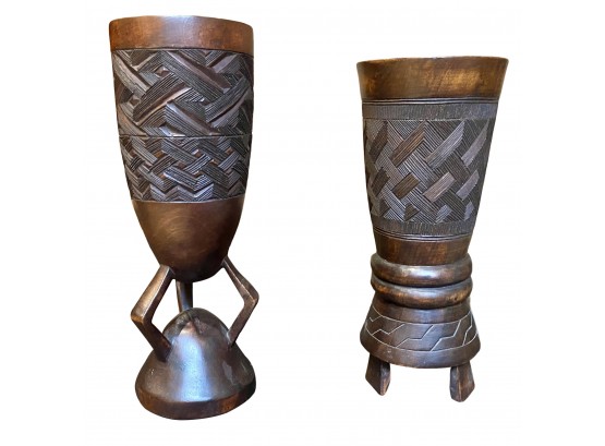 2 Hand Carved Wooden Cups With Hatch Work Design Made In Bakuba, Democratic Republic Of Congo
