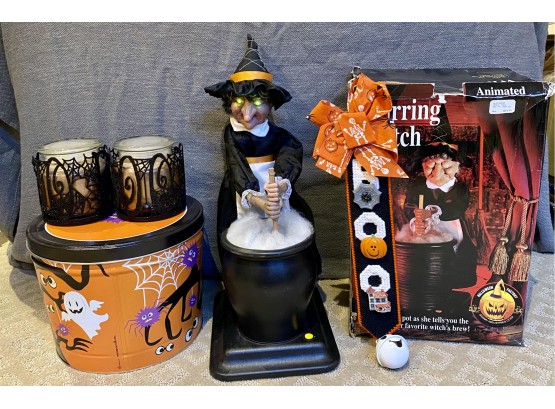Grouping Of Halloween Decor Including Witch Stirring Pot