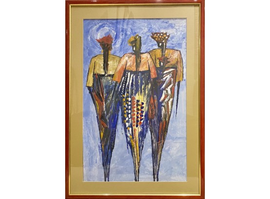 3 Women Oil On Paper Signed By Nigerian Artist And Framed