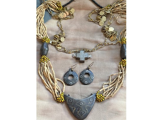 Beautiful Mali Carved Jewelry Set With Earrings And Coldwater Creek Brass Necklace
