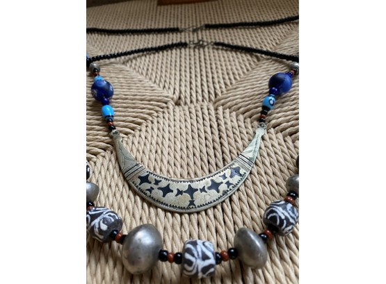 Stunning Pair Of Necklaces With Mali Including Handmade Clay Beads, Silver, And Beads