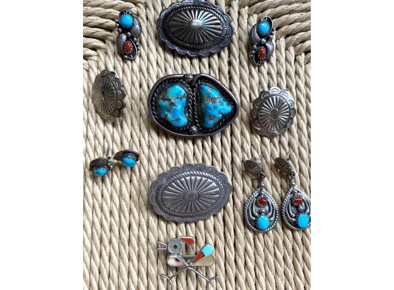 Great Grouping Of Native American Sterling Silver And Turquoise Jewelry