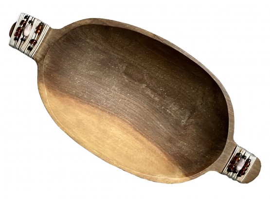 Small Wooded Tray With Wire And Bead On Handle From Kenya