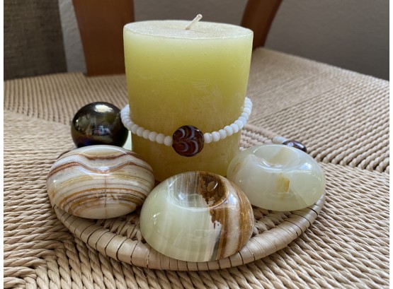 Collection Of Agate Nesting Egg Holders And One Coaster Trivet With Glass Beads