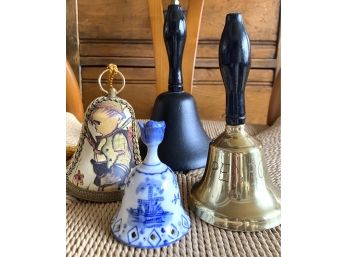 Collection Of Four Decorative Bells Including One Heavy Cast Iron Dinner Bell & Penrose School Bell