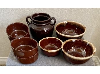 Mccoy Brown Glazed Stoneware, Vintage Crock And 4 Cereal Bowls