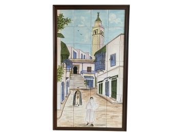 Beautiful Hand Painted Tunisian Tiles Portraying Man & Woman Walking Through Sidi Bou Said