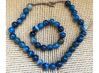 Beautiful Cobalt Lapis Lazuli Necklace With Red Thread And Silver Clasp From Afghanistan (includes Bracelet)