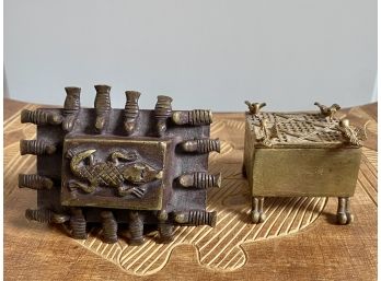 Pair Of Two Brushed Brass African Dogon Trinket Boxes With Crocodile And Bird Relief
