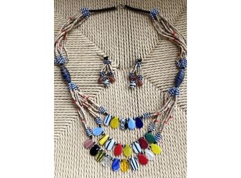 Stunning & Colorful African Beaded Necklace With Hand-made Beads And Matching Earrings