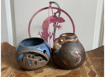 Collection Of Southwestern Decor Pieces Including Hanging Lizard Mobile And Two Pottery Vessels