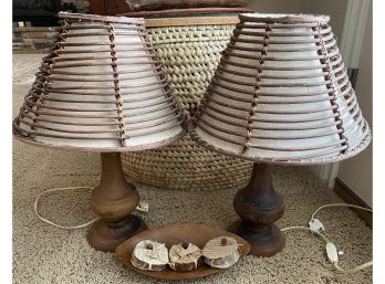 Great Pair Of Olivewood Lamps  From Tunisia With Wicker Lamp Shades And Decorative Leaf Dish