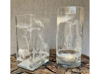 Pair Of Two BEAUTIFUL Hand Etched Glass Vases From Kenya