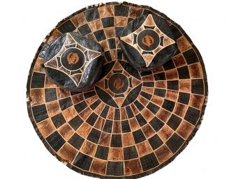 Handcrafted Snake And Camel Leather Round Rug With 2 Poufs From Ghana