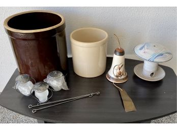 Collection Of 2 Vintage Crocks Hand Thrown Bird Feeder And More!