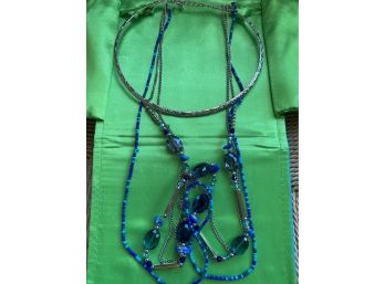 Great Statement Necklace With Silver Tone Etched Collar And Attached Drop Beads