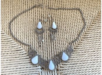 Great Quartz Collar Necklace With Silver Wire Wrapping And Matching Chandelier Earrings