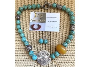 Beautiful Handmade Necklace From Aminas Tale Of Beads With Chunky Turquoise-like Stones And African Amber