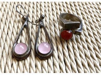 Pair Of Sterling Silver And Pink Agate Drop Earrings Signed From And Heavy Sterling Ring