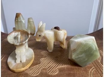 Collection Of Three Carved Agate Pieces Including Man Sleeping Under Cactus, Burro, And Prismatic Stone
