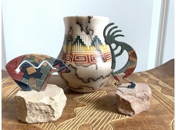 Horsehair Pottery Vase By Freddie Smith With Enamel & Sandstone Southwestern Items Including Kokopelli