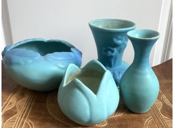 Collection Of Four Van Briggle Pottery Pieces Including Tulip Votive Holder And V-6 Leaf-edged Dish