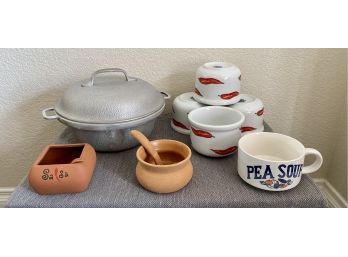Collection Of Chili Bowls, Soup Pot And Terra Cotta Salsa Servers & Silver Seal Lidded Pot