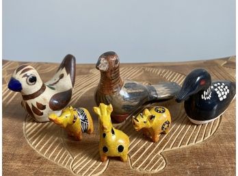 Grouping Of Animal Miniatures Including Ceramic Bird Whistles, Tonala Pottery, And Carved Kenyan Animals