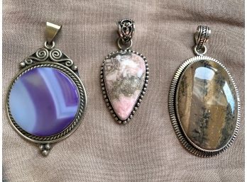 Trio Of Sterling Silver Pendants With Natural Stones Including Pink Quartz
