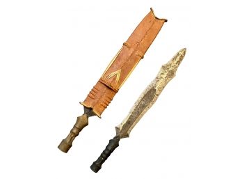 2 Large Machetes With Decorative Wooden Handles From Democratic Republic Of Congo