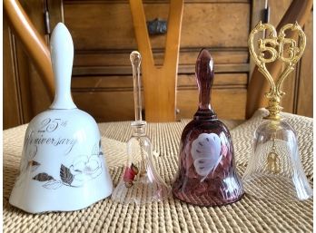 Collection Of Four Collectible Bells Including Two Anniversary Bells And Two Glass Bells